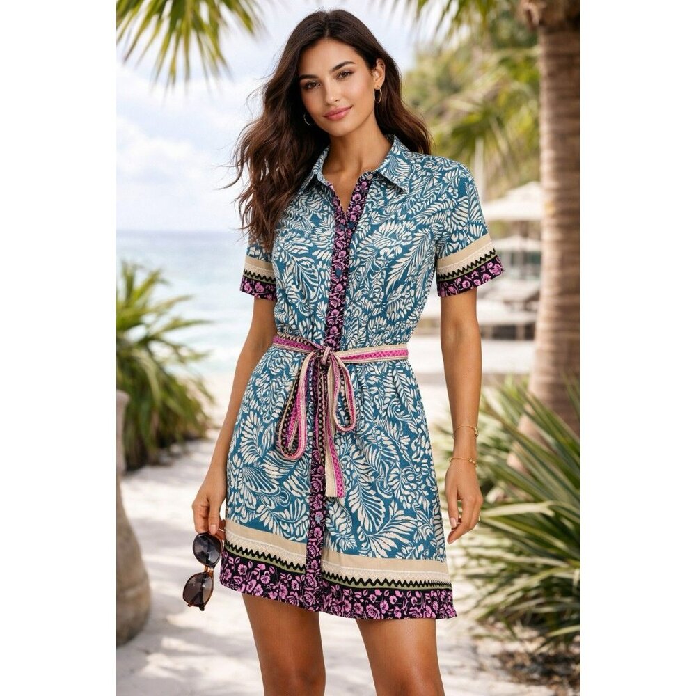 LOFT Printed Shirt Dress Belted Teal Pink Floral Boho Short Sleeve Size 8